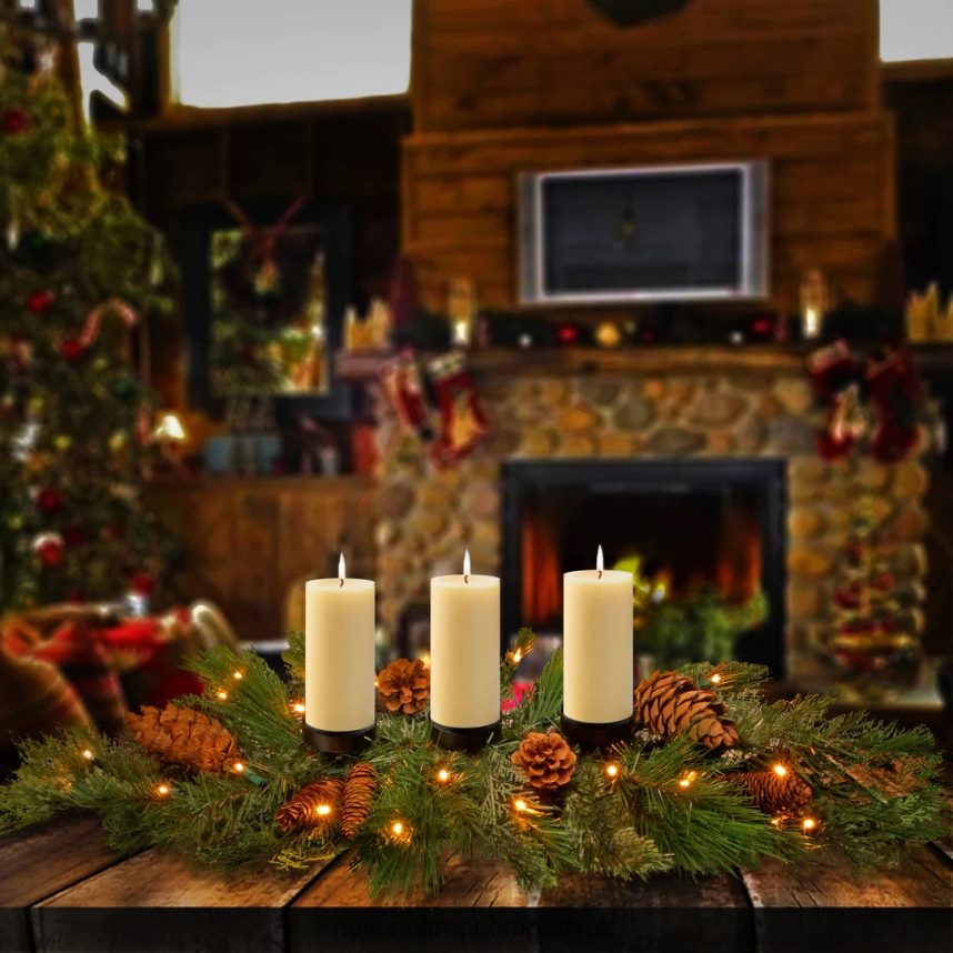 Greenery | National Tree Company 30in White Pine Candle Holder Centerpiece with Battery Operated Warm White LED Lights F2L4F472